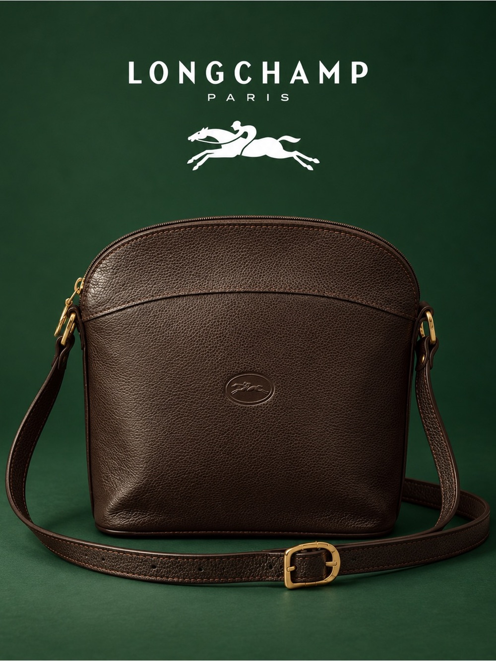 Longchamp Vintage Le Foulonné Brown Pebbled Leather Dome Crossbody